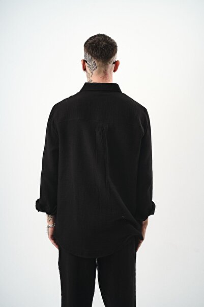 Respire Чоловіча сорочка з довгими рукавами Oversize з мусліну, чорна