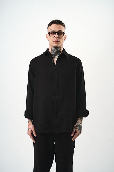 Respire Men's Long Sleeve Oversize Muslin Shirt Black