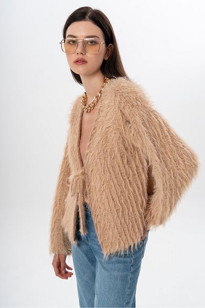 NATUFIAN STORE Women's Long Furry Tie Detail Washable Premium Look Knitwear Cardigan
