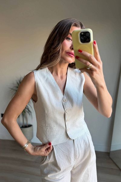 Sue Store Beige Striped Vest Pants Set