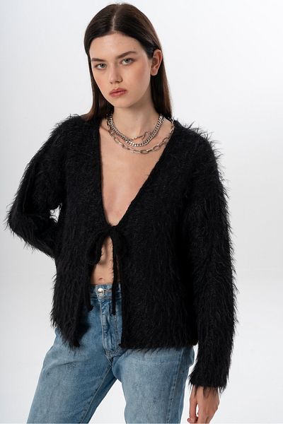 NATUFIAN STORE Women's Long Furry Tie Detail Washable Premium Look Knitwear Cardigan