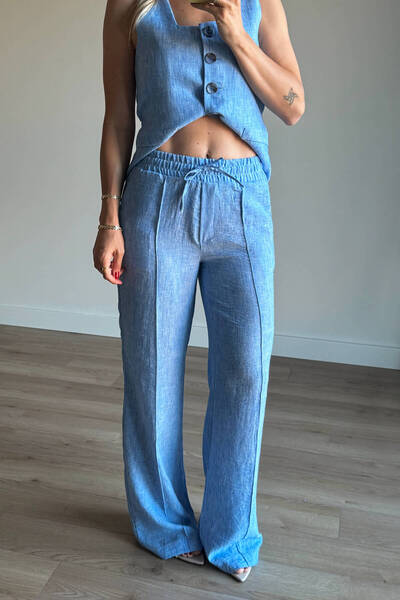 Sue Store Bebe Mavisi Düğmeli Premium Keten Pantolon Takım