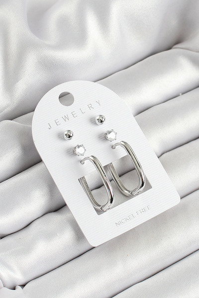 Skygo Silver Color 3-Piece Double Women's Earring Set with Brass Zircon Stone and Rectangular Figure - Tj-Bkp10645