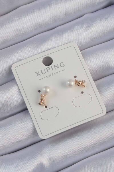 Skygo Xuping Rose Color Zircon Stone Pearl Minimal Bow Earrings - Tj-Bkp9402