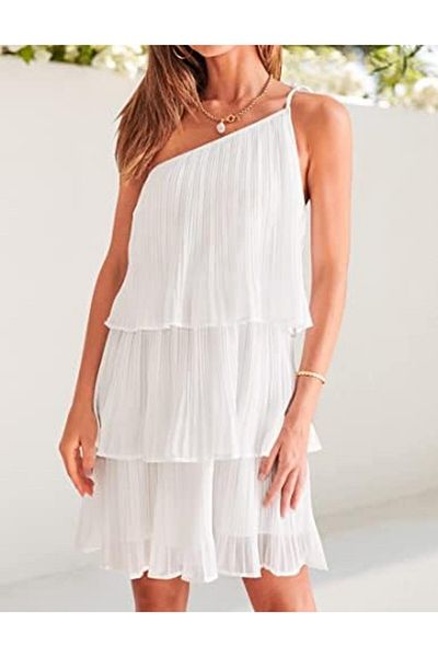 ZESICA Women's 2023 Boho Summer One Shoulder Sleeveless Ruffle Tiered Layered Chiffon Pleated A Line