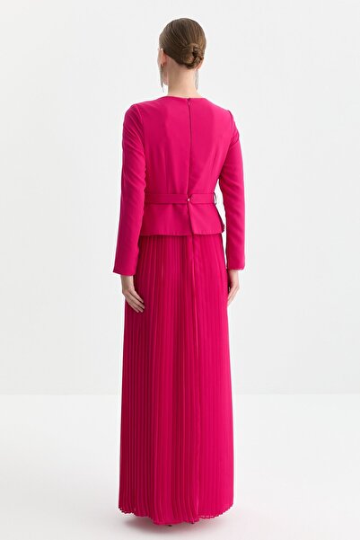 Nihan Taş Detaylı Pilise Etekli Elbise Fuşya