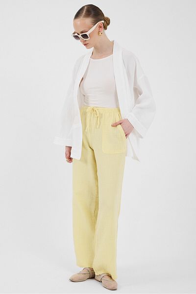 Rays Butter Yellow Linen Look 100% Cotton Pocket Wide Leg Trousers 8054A