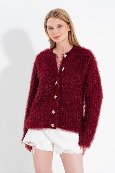 NATUFIAN STORE Women's Long Shaggy Glitter Crew Neck Washable Premium Look Knitwear Cardigan