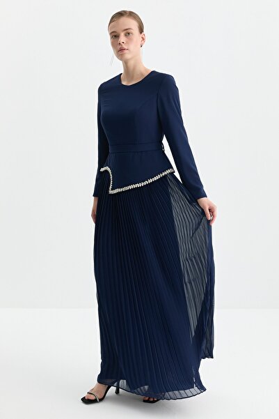 Nihan Taş Detaylı Pilise Etekli Elbise Lacivert