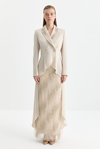 Nihan Taşlı Etek Ceket Takım Bej