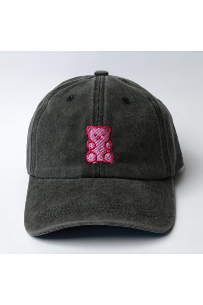 Nome Studio Nakışlı Gri Şapka Yıkamalı Kumaşlı ve Ayıcık Nakışlı Şapka Pamuklu Siperlikli Ayarlı Şapka