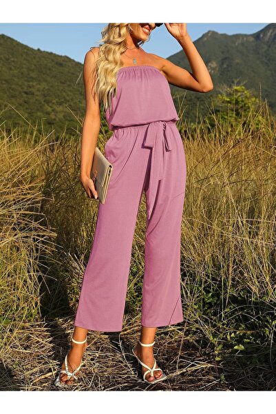 ZESICA Women's 2023 Casual Off Shoulder Solid Color Strapless Belted Wide Leg Jumpsuit Romper