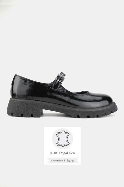 TUNAELLİ Women's Black Patent Leather Genuine Natural Leather 36-41 Number Mary Jane Shoes with Buckle Band