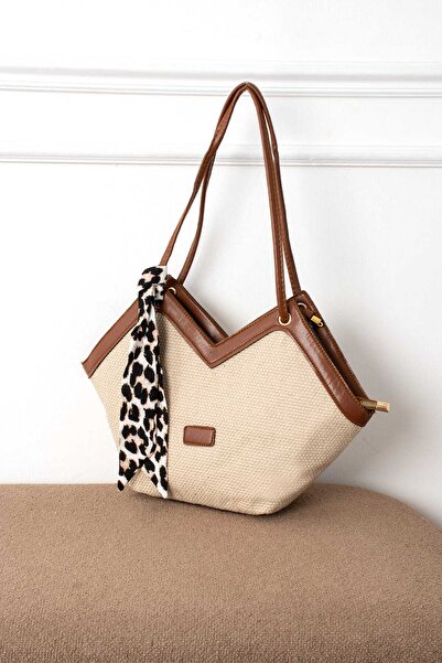 Zealous Geantă de umăr cu fermoar din paie pentru femei, cu detaliu de eșarfă leopard