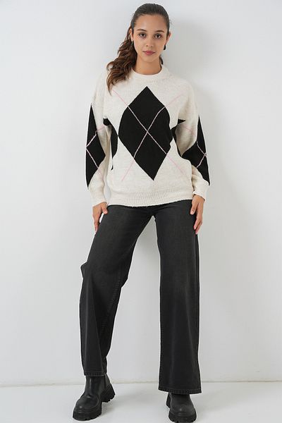 Merterium Women's Diamond Patterned Oversize Sweater T. Ecru 1225