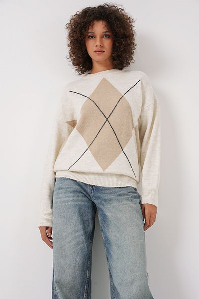 Merterium Women's Diamond Patterned Oversize Knitwear Sweater Ecru 1225