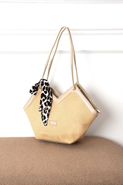Zealous Geantă de umăr cu fermoar din paie pentru femei, cu detaliu de eșarfă leopard