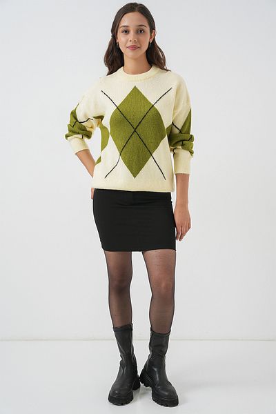 Merterium Women's Diamond Patterned Oversize Knitwear Sweater Light Yellow 1225