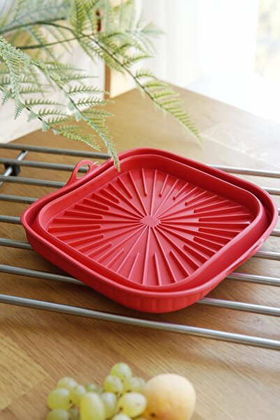 EVLE Foldable Square Silicone Airfryer Baking Dish, Platinum Silicone, 21 X 21 X 6 Cm, Red