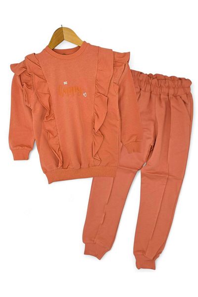 Ege Bebek Girl's Be Happy Printed 6-14 Years Old Ruffle Detailed Seasonal 2 Thread Unshaded Tracksuit Set