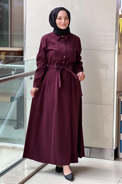Nuss Six Studs Shirt Collar Belted Dress