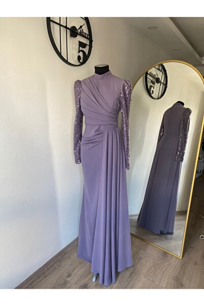 RUVİTA Krep Kolları İşleme Detaylı Abiye Elbise Leylak