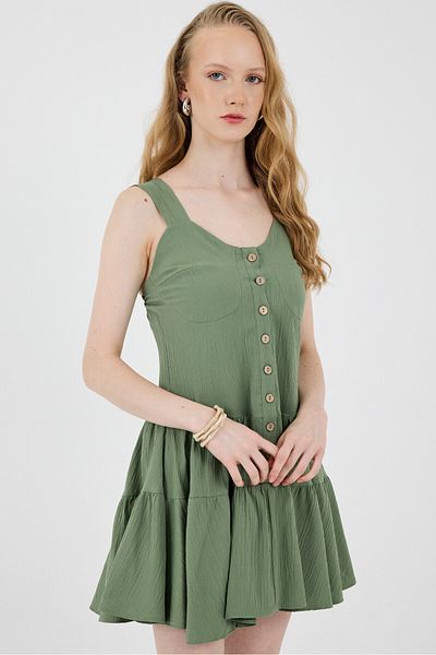 Rays Khaki Button Strap Fold Skirt Mini Dress 8042A