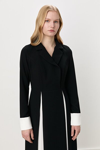 Nihan V Yaka Broşlu Kuşaklı Elbise Siyah