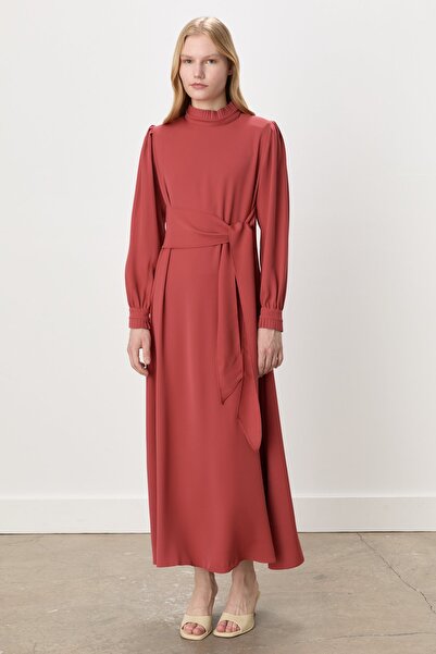 Nihan Pile Detaylı Şık Elbise Kiremit