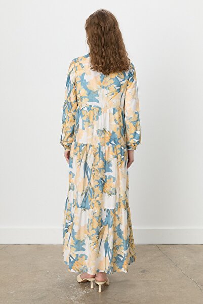 Nihan Floral Desenli Büzgülü Empirme Elbise Somon