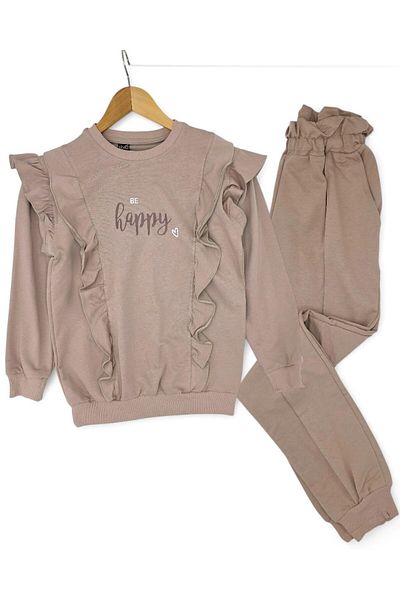 Ege Bebek Girl's Be Happy Printed 6-14 Years Old Ruffle Detailed Seasonal 2 Thread Unshaded Tracksuit Set