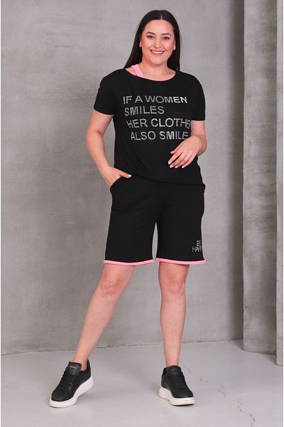 Şans Women's Plus Size Black, Shoulder Detail Stone Embroidered Blouse, Pocket Shorts, 2 Piece Set 65N39073