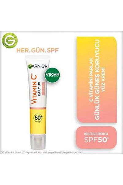 Garnier C Vitamini Parlak Günlük Güneş Koruyucu Fluid Yüz Kremi Işıltılı Doku SPF50+ 40ml