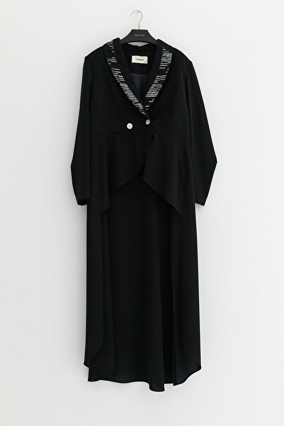 Nihan Büyük Beden Taşlı Etek Ceket Takım Siyah