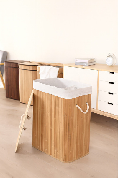 BEYZANA Yazısız İki Bölmeli Bambu Çamaşır Sepeti Katlanabilir