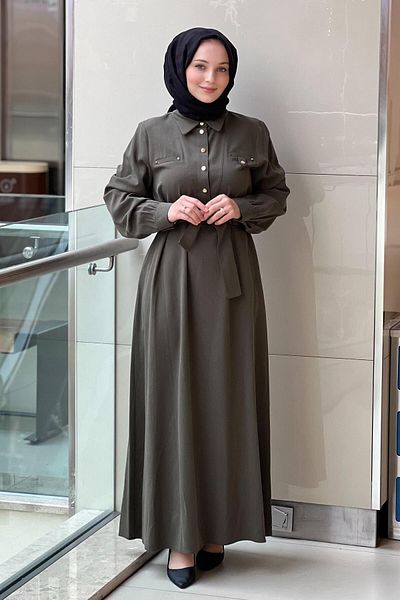 Nuss Six Studs Shirt Collar Belted Dress