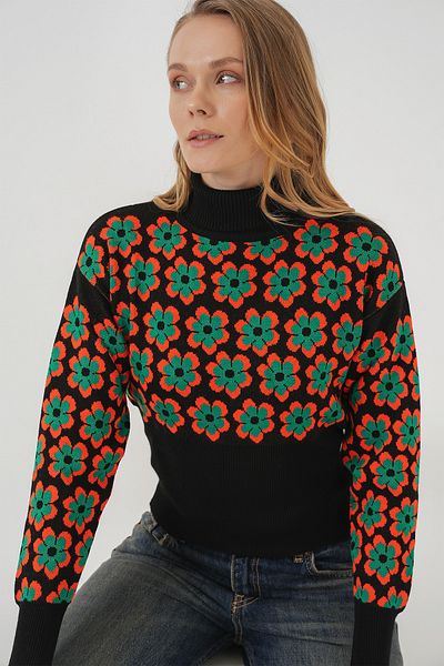 Merterium Women's High Neck Patterned Crop Sweater Orange 1224