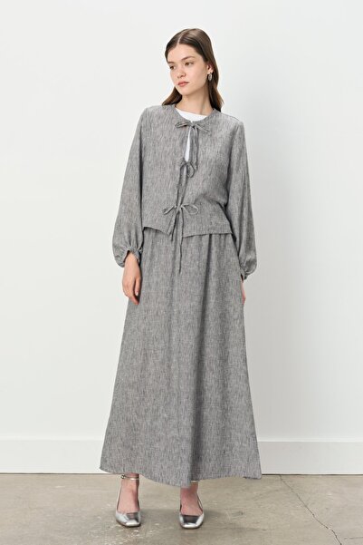 Nihan Bağlama Ceketli Etek Keten Görünümlü Takım Siyah