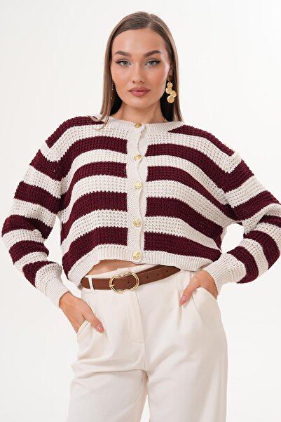 ŞİMAL Kadın Çizgi Desenli Düğme Kapamalı Triko Örme Hırka 255195 -