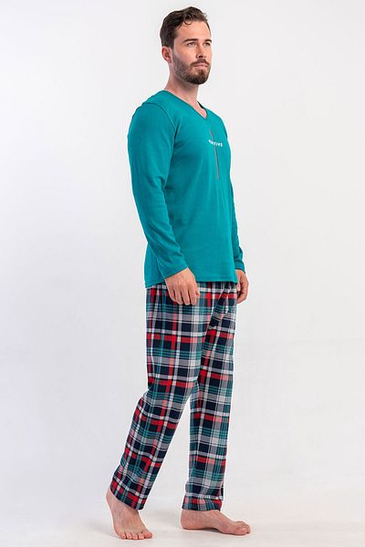 VİENETTA Men's Interlock V-Neck Long Sleeve Pajama Suit, 503223