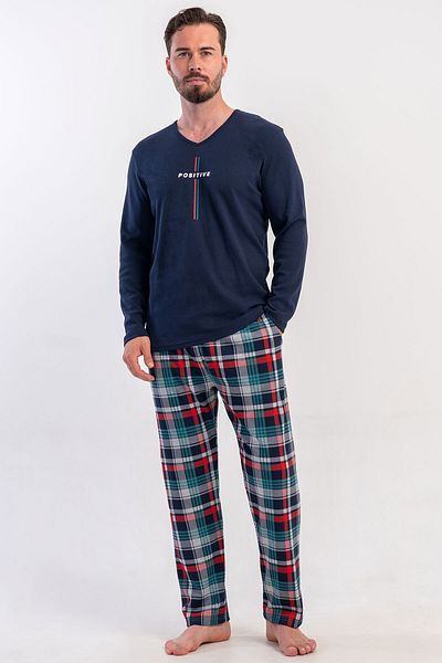 VİENETTA Men's Interlock V-Neck Long Sleeve Pajama Suit, 503223