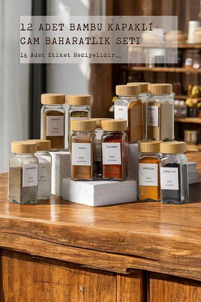 Amentes 12 Glass Spice Rack Set with Bamboo Lid and 16 Stickers as a Gift...