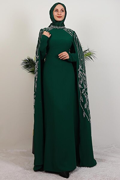 giz astore Kolları Taşlı Pelerinli Abiye Zümrüt