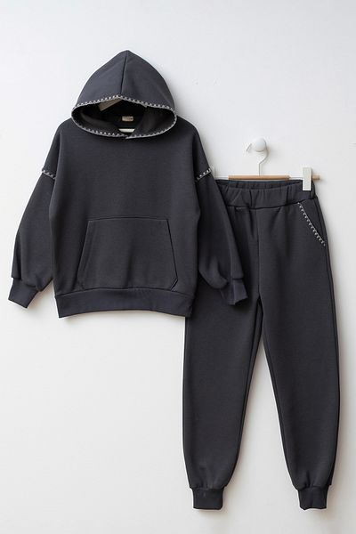 Minipodyum Kangaroo Pocket Hooded Girl's Bottom Top Tracksuit Set