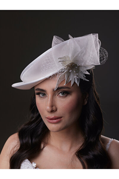 Magic Tiara Çiçek Detaylı Beyaz Gelin, Nikah, Nişan, Özel Davet Şapkası