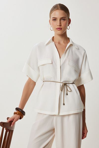 Lovelyİstanbul Linen Shirt with Tie Detail Ldp0076 Ecru