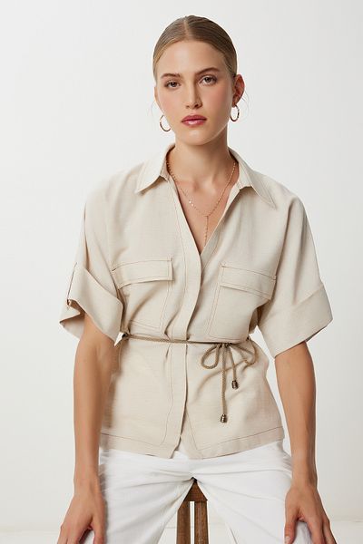 Lovelyİstanbul Linen Shirt with Tie Detail Ldp0076 Beige