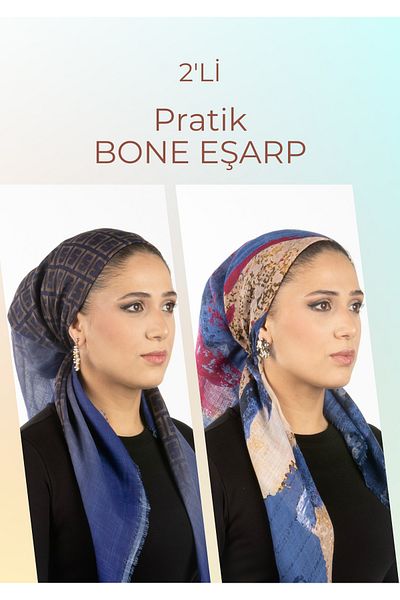 safura 2 Pack Practical Bonnet Scarf - Geometric and Abstract Patterns in Blue Shades