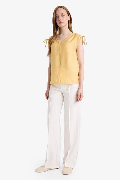 DeFacto New Season V-Neck Short Sleeve Shirt with Drawstring Detail