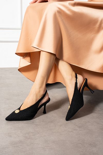 Güllü Shoes Black Fabric Textured Button Detailed Slingback Thin Heeled Women's Stiletto